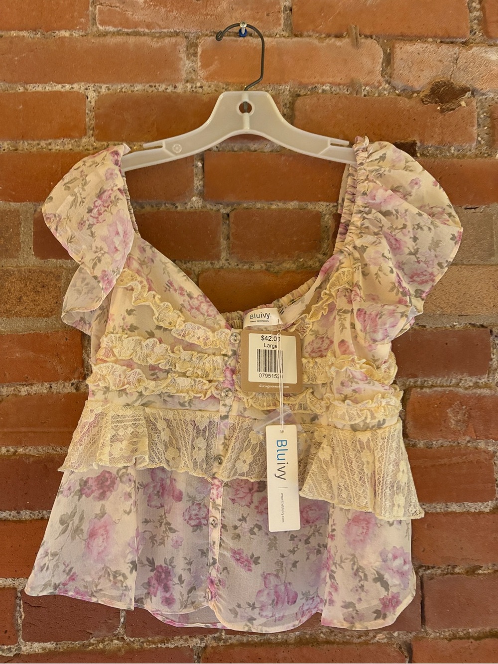 Bluivy Cream Floral Ruffle Lace Blouse with Pink & Lavender Roses